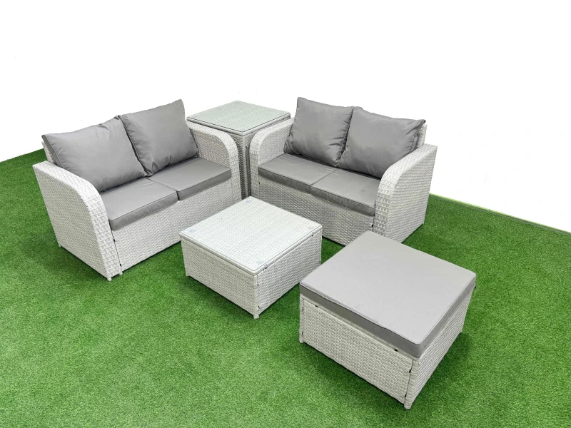 Image of Fimous 5 Seater Outdoor Love Sofa Set Rattan Garden Furniture Set with Square Coffee Table Big Footstool Side Table Light Grey Light Grey