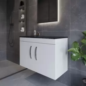 Image of Nuie - Athena Wall Hung 2-Door Vanity Unit with Sparkling Black Worktop 800mm Wide - Gloss White