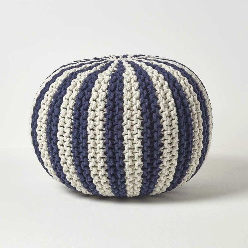 Image of Homescapes Knitted Pouffe Striped Footstool 40 x 50cm Navy