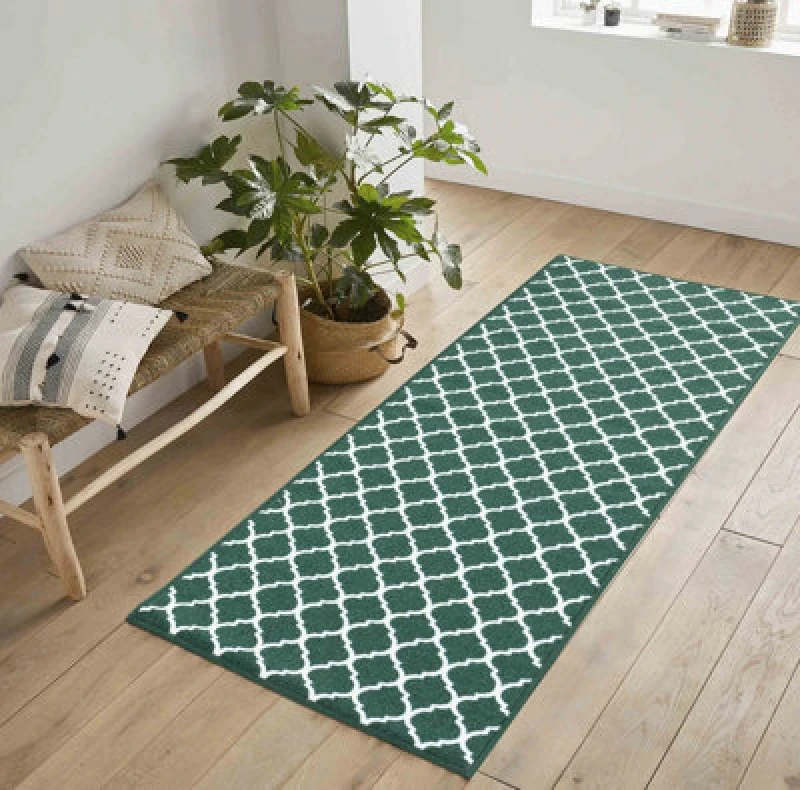 Image of Machine Washable Trellis Design Anti Slip Doormats Emerald 80X300 Cm