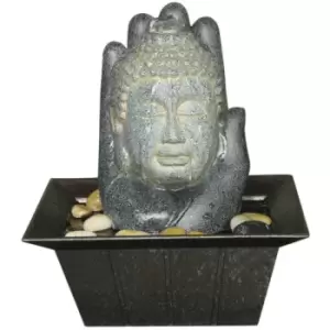 Image of Buddha and Hand Tabletop Indoor Fountain / Water Feature with Pebbles - Grey / Black / Bronze