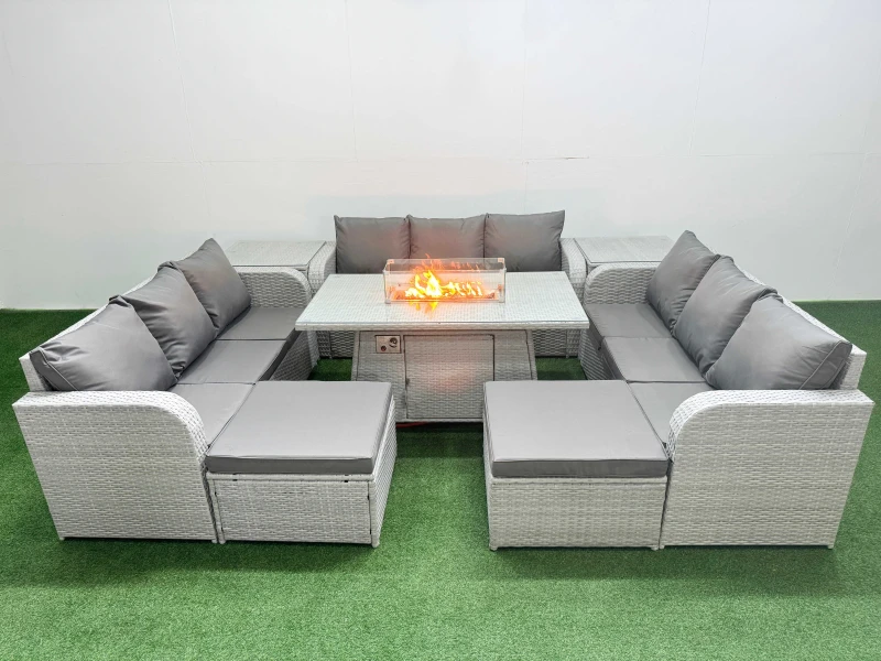 Image of Fimous PE Rattan Lounge Sofa Set 11 Seater Outdoor Garden Furniture Set with Firepit Dining Table 3 Seater Sofa 2 Big Footstools 2 Side Table Light Gr
