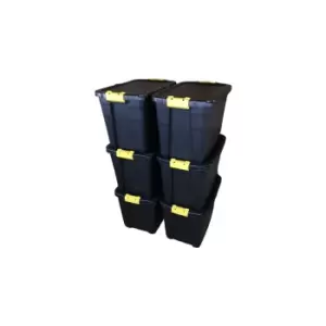 Image of 6 x 60L Heavy Duty Storage Tubs Sturdy, Lockable, Stackable and Nestable Design Storage Chests with Clips in Black
