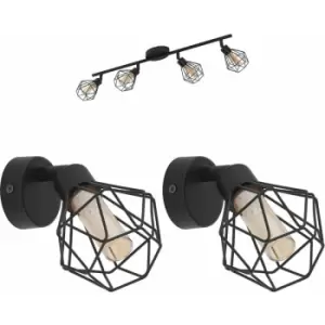 Image of Quad Ceiling Light & 2x Matching Wall Lights Black Cage Amber Glass Trendy Lamp