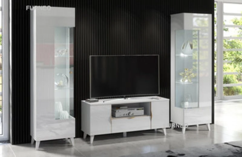 Image of Furneo High Gloss & Matt White Living Room Set TV Stand Display Cabinets Azzurro 8/12 White LED Lights