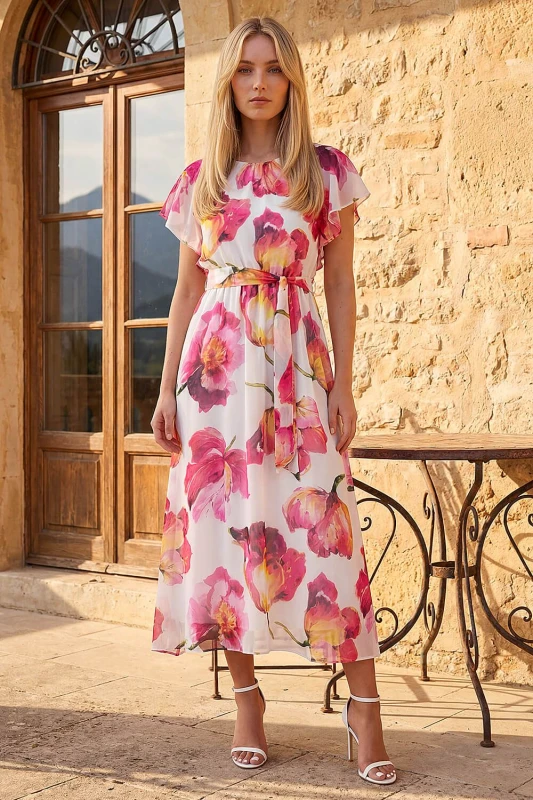 Image of Roman Womens Floral Split Sleeve Midi Dress in Ivory Size: 16 Ivory Female 16