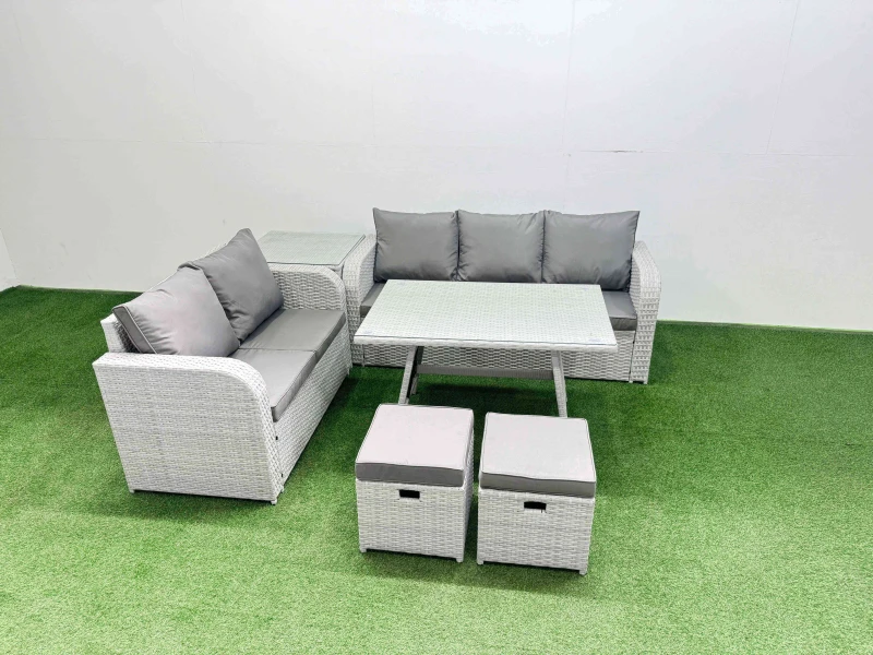 Image of Fimous Rectangular Dining Table Sofa Set with 2 Small Stool Side Table in Light Grey Light Grey Unisex