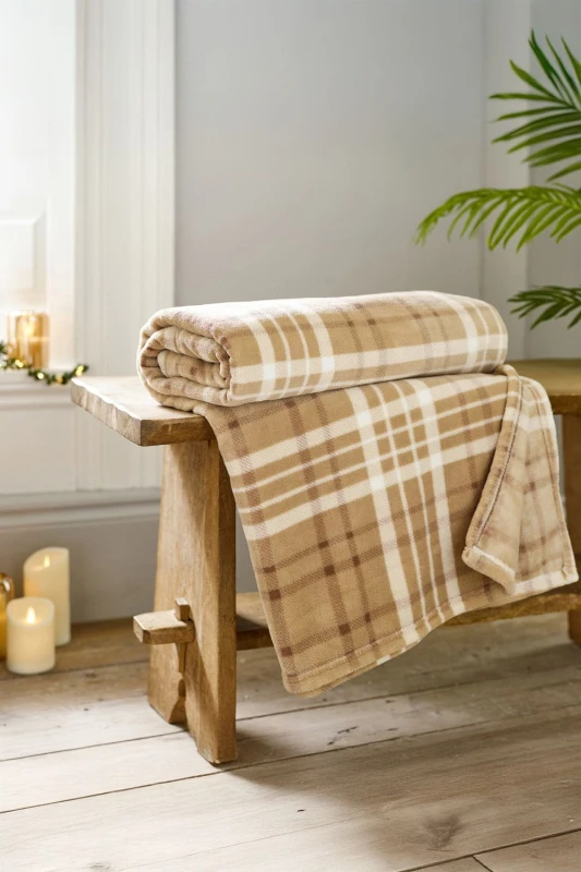 Image of Deyongs Deyongs Snuggle Check Throw Blanket 140x180cm - Super Soft Coral Fleece - Printed Plaid Design in Fawn Size: 140cm x 180cm Fawn 140cm x 180c