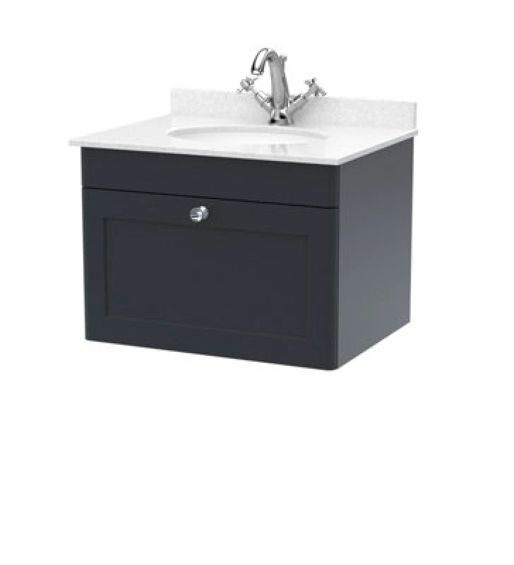 Image of Nuie Classique Wall Hung 1 Drawer Unit & 1 Tap Hole White Marble Top With Oval Basin, Sink Vanity Unit In Soft Black With White