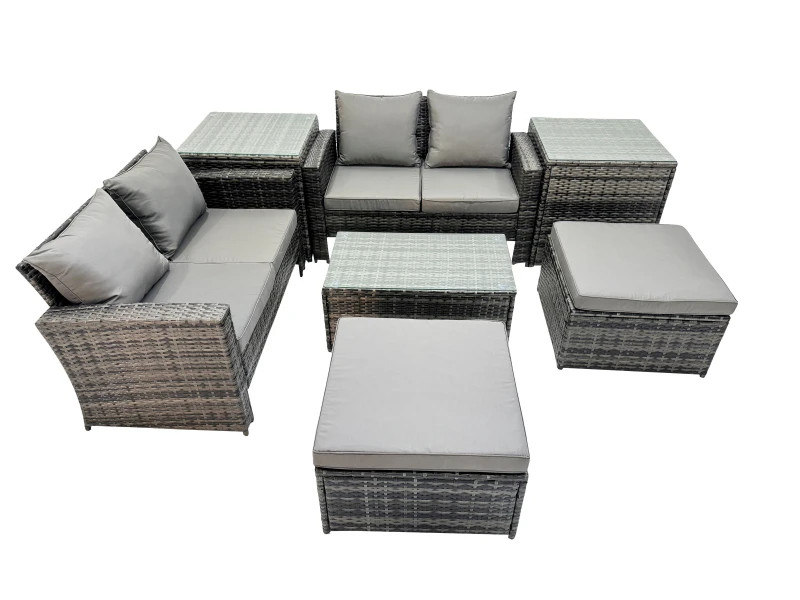 Image of Fimous 6 Seater Wicker PE Rattan Furniture Outdoor 2 Stool 2 Side Tables Set in Dark Grey Dark Grey Unisex