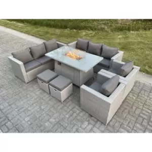 Image of Fimous 8 Seater Outdoor Light Grey Rattan Lounge Complete Sofa Set with Fire Pit, Gas Heater and 2 Stools