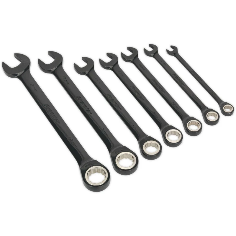 Image of Loops 7pc PREMIUM Combination Ratchet Spanner Set 12 Point Metric Socket BLACK SERIES Black