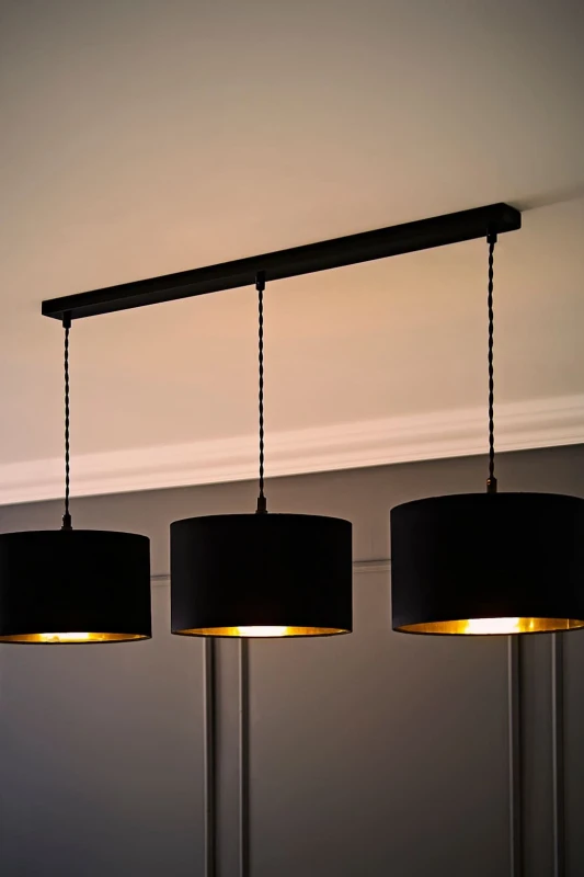 Image of ValueLights ValueLights Reni Metallic Drum Shade 3 Drop Bar Matte Black Diner Ceiling Light and Bulbs in Gold Gold One Size Unisex 5059406064081