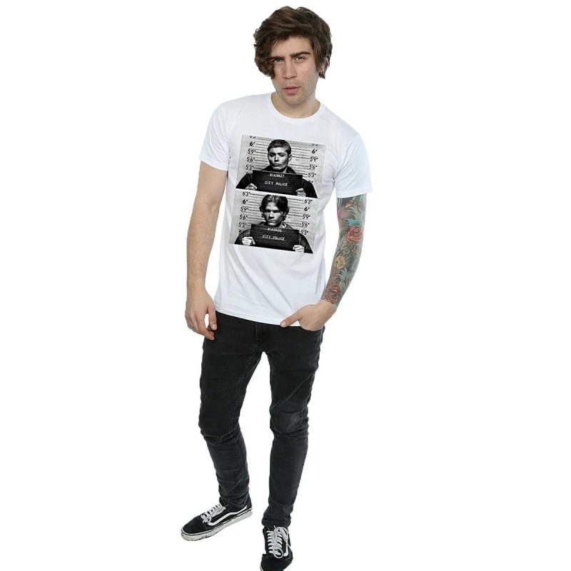 Image of Supernatural Supernatural Men Winchester Mugshot Cotton T-Shirt in White Size: Small White S Male 5063377457094