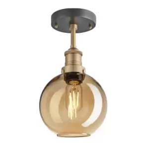 Image of Industville Brooklyn Tinted Glass Globe Amber Flush Mount Light / 9" Pewter Holder