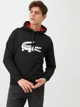 Image of Lacoste Sport Crocodile Logo Print Overhead Hoodie - Black