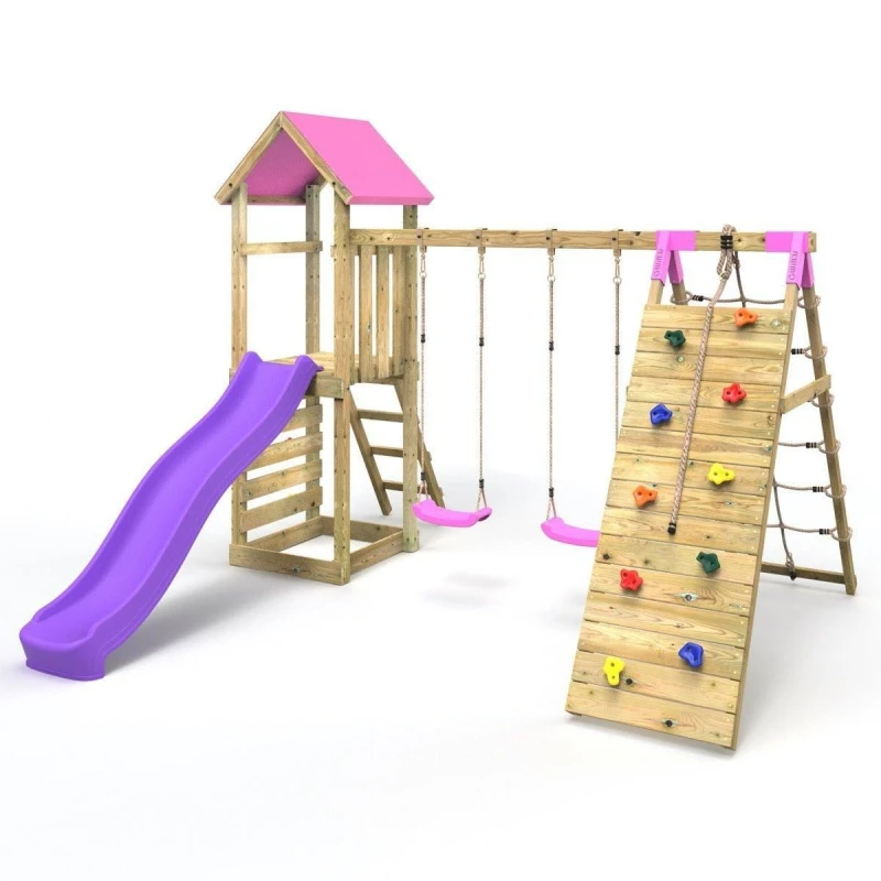 Image of Rebo Wooden Climbing Frame with Swing, Up-and-Over Climbing Wall and Slide - Greenhorn Pink Pink