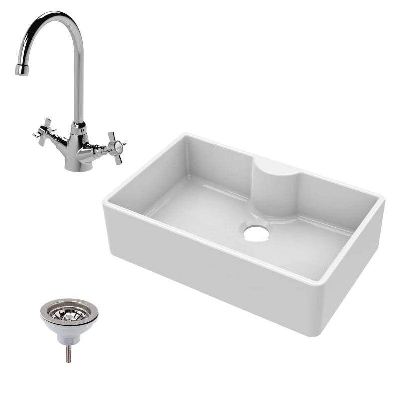 Image of Balterley Fireclay 1 Bowl Butler Sink Tap Ledge Sink Mixer Tap Waste 795mm White