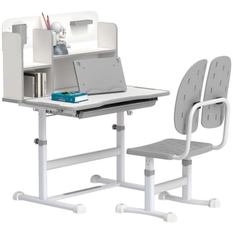 Image of Aiyaplay Kids Desk And Chair Set W/ Tiltable Desktop Reading Rack - Grey 312-123V80GY