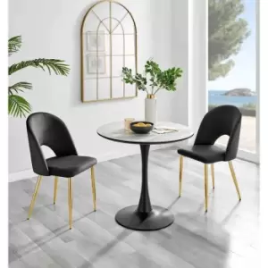 Image of Furniture Box Elina White Marble Effect Round Dining Table and 2 Black Arlon Gold Leg Chairs