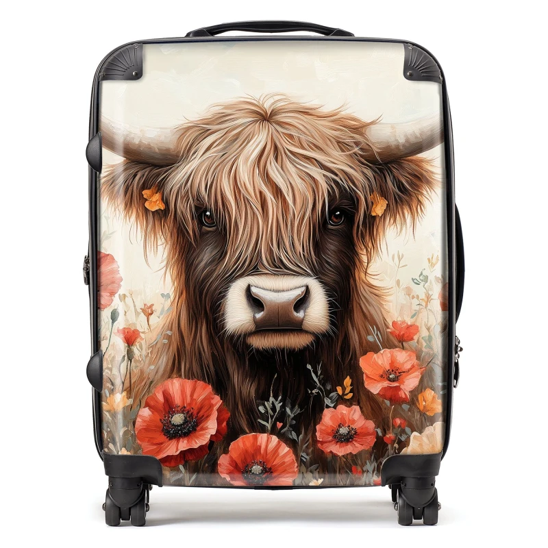 Image of Warren Reed - Designer Highland Cow & Summer Flowers Suitcase Size: Large Multicolor Unisex Large
