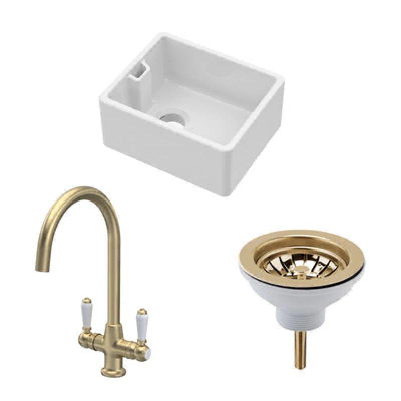 Image of BALTERLEY Balterley - Fireclay Kitchen Bundle - Compact Single Bowl Belfast Sink, Strainer Waste & Mono Lever Tap, 460mm - Brushed Brass BSK219WT12