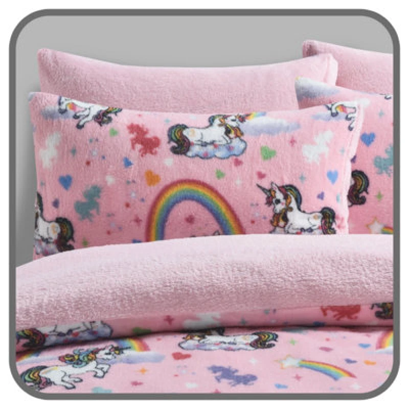 Image of Velosso Playful Unicorn Print Duvet Cover & Pillowcase Set, Glow In The Dark Children Bedding, Breathable Fantasy Bedding For Kids - Pink