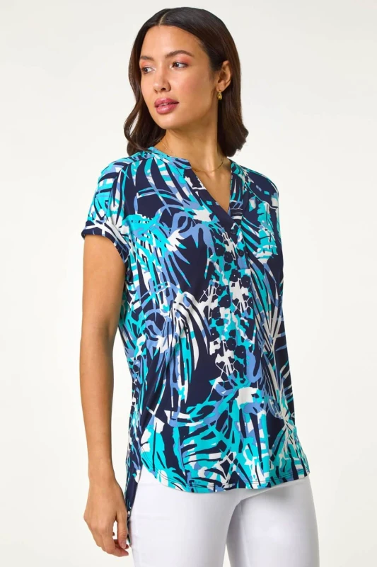 Image of Roman Womens Textured Abstract Print Top in Blue Size: 16 Blue Female 16