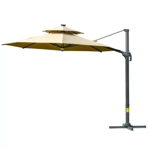 Image of Outsunny 3m Cantilever Parasol w/ Solar Lights Power Bank Cross Base Adjustable Canopy 360° Spin Outdoor Garden Umbrella 2-Tier Roof Sun Shade Khaki
