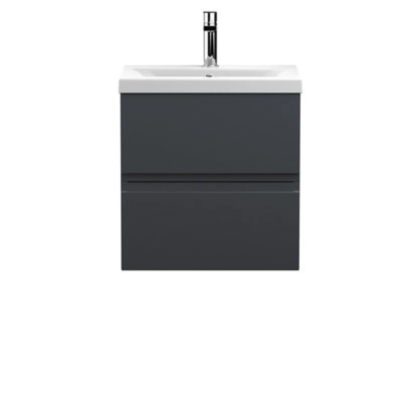 Image of Nuie Hudson Reed Urban Wall Hung 2 Drawer Vanity Unit With Mid-Edge Ceramic Basin, Modern Bathroom Furniture In Soft Black, 500mm
