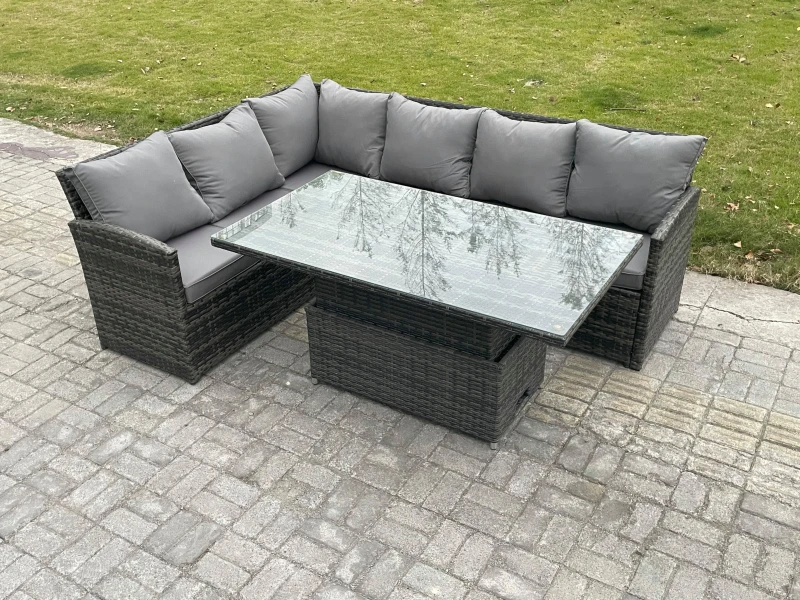 Image of Fimous Wicker PE Outdoor Rattan Garden Furniture Set Height Adjustable Rising Lifting Table Sofa Dining Set with Dark Grey Mixed Dark Grey