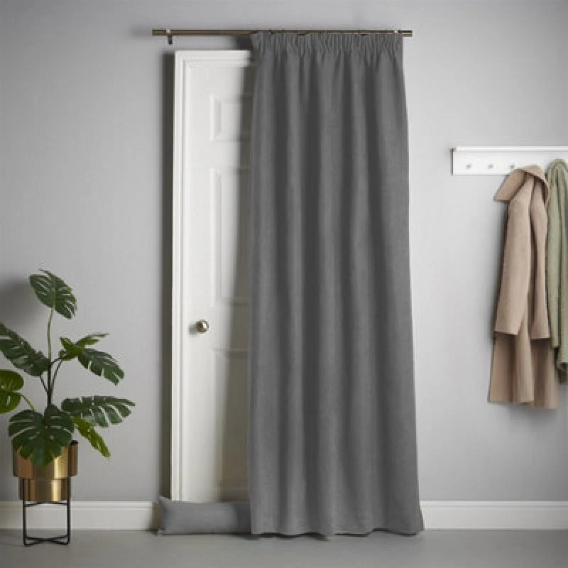 Image of Luxury Living Velvet Chenille Thermal Fleece Lined Pencil Pleat Top Door Curtain 137Cm X 213Cm Slate