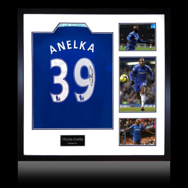 Image of The Fan Cave Nicolas Anelka Signed Chelsea Shirt Elite Frame Blue unisex 820mm x 82