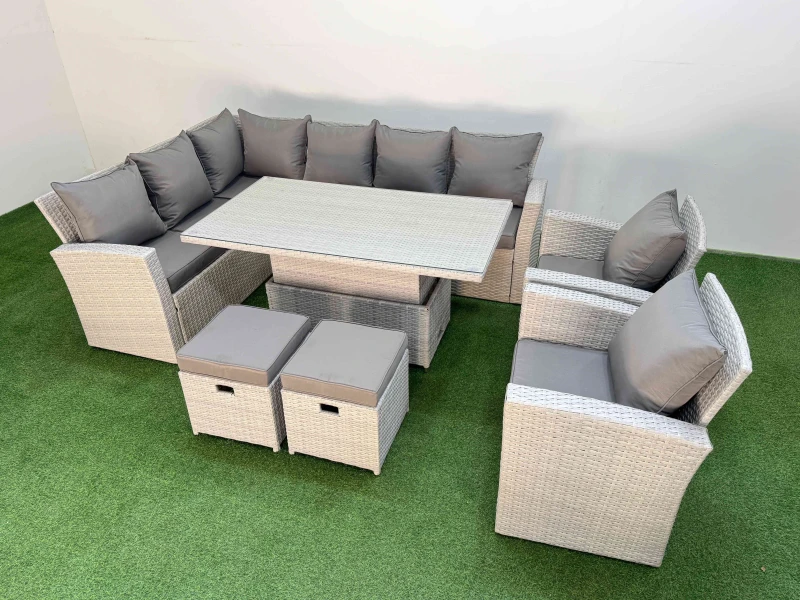 Image of Fimous 10 Seat Garden Furniture Corner Sofa with 2 Small Footstool Light Grey Light Grey Unisex