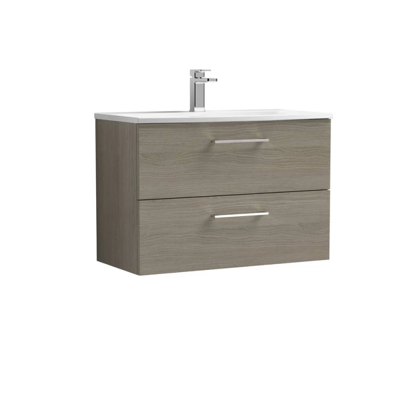 Image of Balterley Bathroom Wall Hung 2-Drawer Vanity & Curved Basin, Solace Oak, 800mm in Brown Brown Unisex