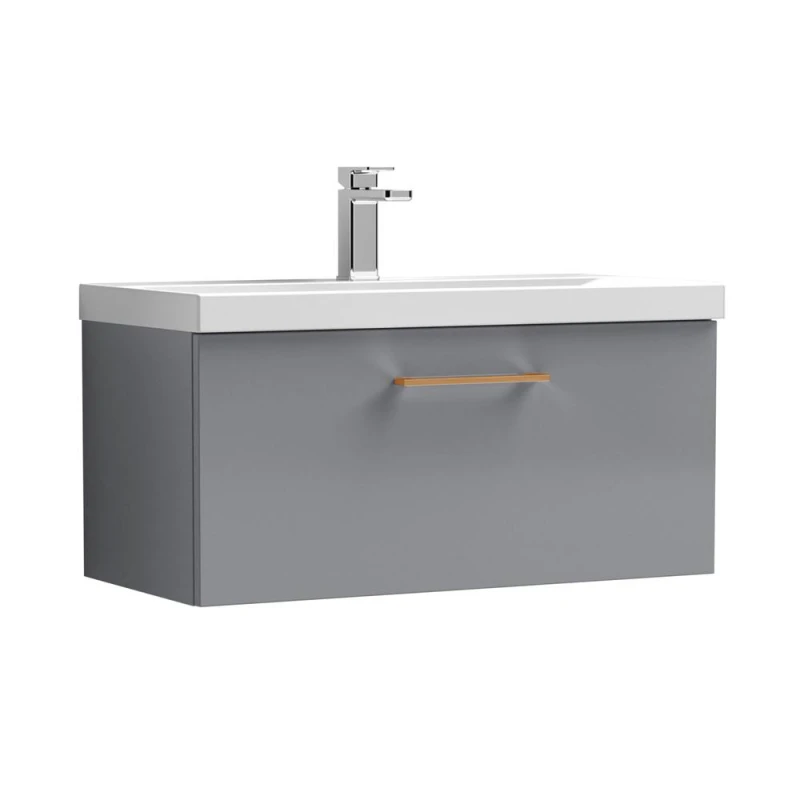 Image of Balterley 800mm Wall Hung 1 Drawer Vanity Basin Unit, Satin Grey, Copper Handle in Grey Grey Unisex