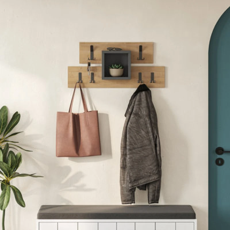 Image of Decortie Lumina Modern Wall-Mounted Coat Rack, Wall Hanger With 6 Metal Hooks, Open Shelf Storage, 68X14.80Cm, Oak, Anthracite
