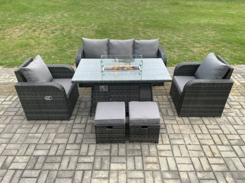 Image of Fimous Garden Patio Furniture Wicker Rattan Gas Fire Pit Table and Chair set with 3 Seater Sofa 2 Small Footstools Dark Grey Mixed Dark Grey