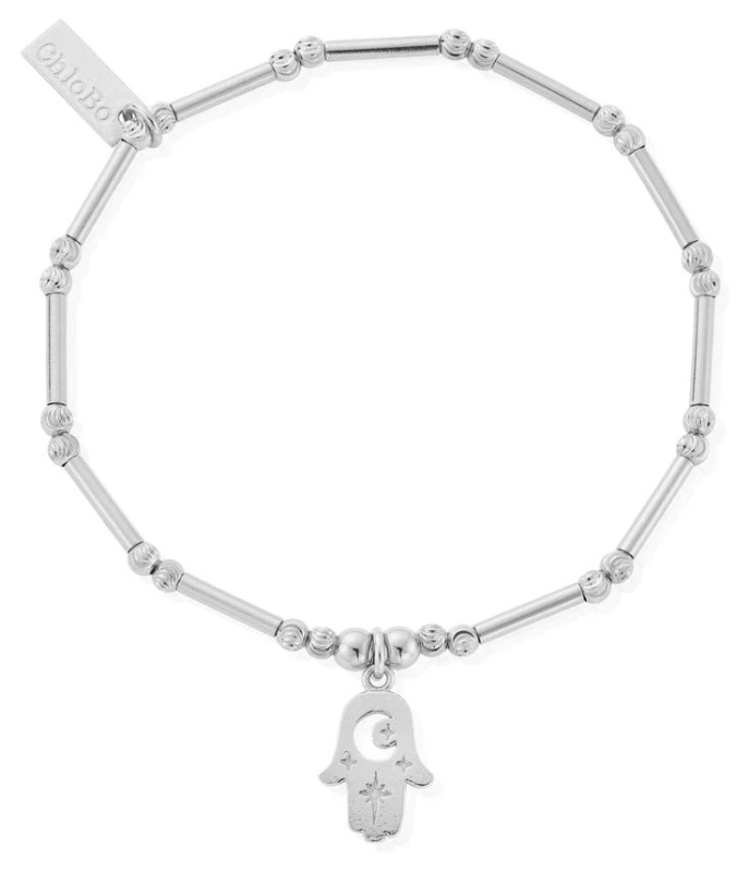 Image of ChloBo SBMCTN3374 Dainty Moon Cut Sparkle Hamsa Bracelet Jewellery