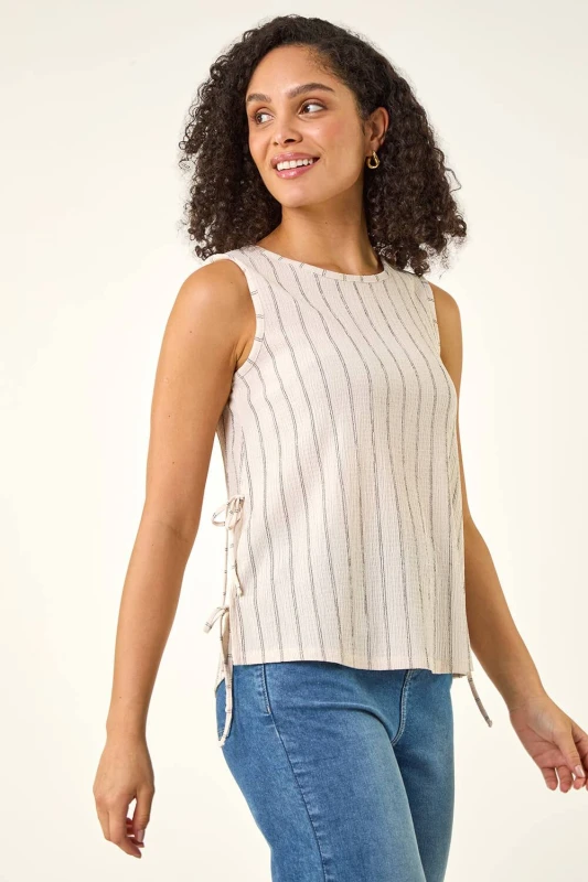 Image of Roman Womens Stripe Side Tie Detail Top in Ivory Size: 20 Ivory Female 20