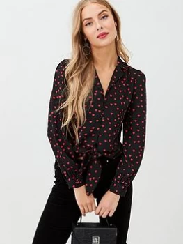 Image of Oasis Heart Frill High Neck Top - Heart Print, Multi Black, Size 16, Women