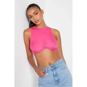 Image of I Saw It First Hot Pink Jersey Basic Twist Front Racer Crop Top - Pink