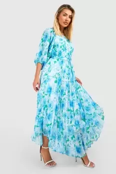 Image of Floral Pleated Puff Sleeve Midi Dress