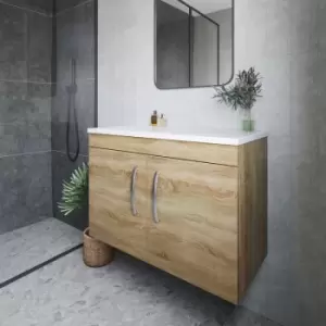Image of Nuie - Athena Wall Hung 2-Door Vanity Unit with Sparkling White Worktop 800mm Wide - Natural Oak