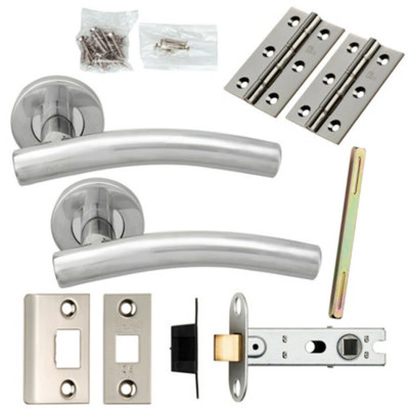 Image of Loops Door Handle & Latch Pack Polished Steel Arched Lever Screwless Round Rose Metallics