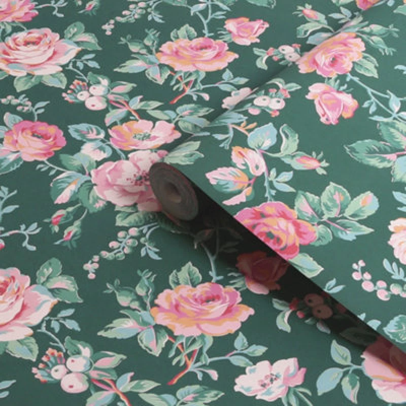 Image of Cath Kidston Garden Rose Green Floral Wallpaper Wallpaper One Size Green 71742215000