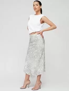 Image of Calvin Klein Viscose Marble Print Midi Skirt - Grey, Print, Size 36, Women