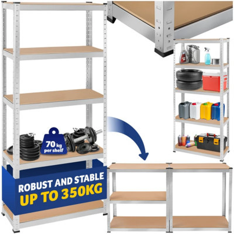 Image of Tectake Garage Shelving - Heavy-Duty Galvanised Steel Frame, Height-Adjustable Shelves - 30 X 75 X 180 Cm - 350 Kg - Silver