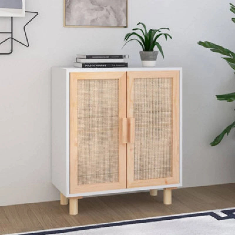 Image of Vidaxl Sideboard White 60X30X70 Cm Solid Wood Pine And Natural Rattan, White 345630