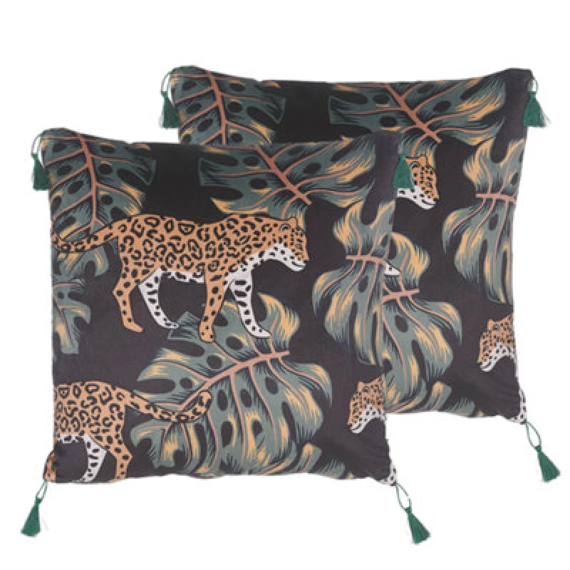Image of Beliani Set Of 2 Decorative Cushions Kuhi Velvet 45 X 45cm Black Animal Pattern